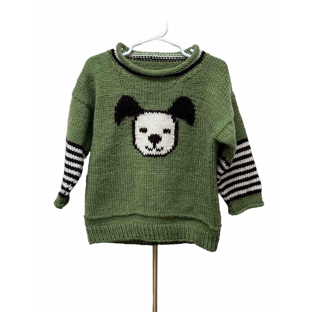 Handknitted Roo Designs Puppy Green Kids Sweater Rolled Neck Size 4-5 Striped